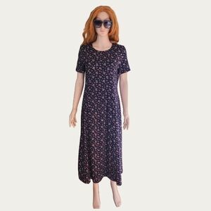 Laura Ashley 100% Cotton Dark Blue Ditsy Floral Midi Dress, Sz M EUC